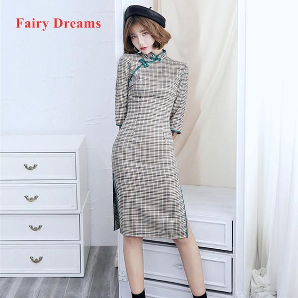 

ethnic clothing 2021 autumn and winter houndstooth mid-length thick cotton linen traditional chinese women cheongsam qipao lady, Red