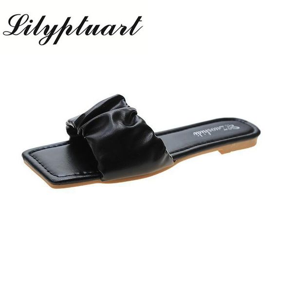 

2021 women's new summer comfortable flat-bottom wear fashion fold slippers slip-proof wear-resistant square fairy wind slippers, Black