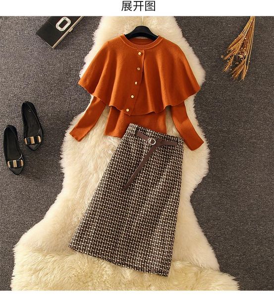 

two piece dress amolapha women soild knit falbala cloak sweater+plaid tweed skirt twp pieces set, White