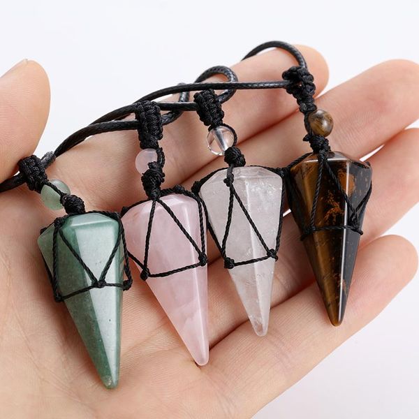 

pendant necklaces natural stone cone pendants neckalce crystal quartz black rope wrapped treatment charm gift fashion jewelry accesso, Silver