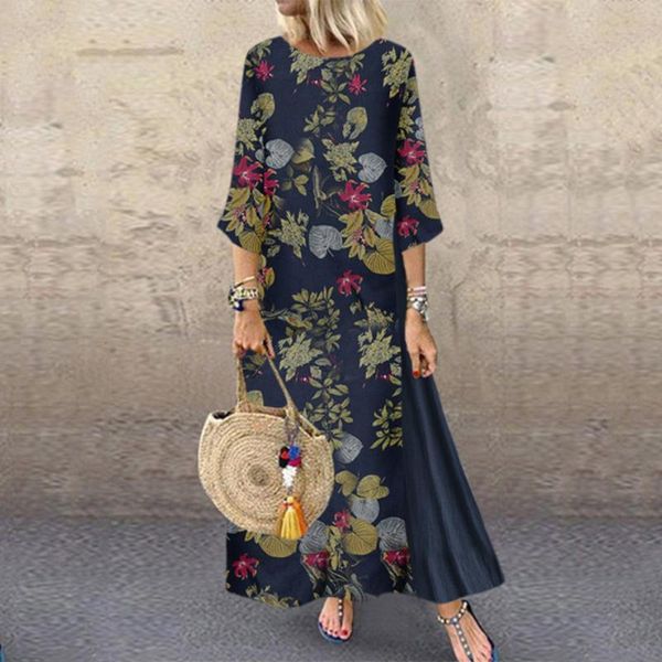 

casual dresses women's dress three quarter sleeve round neck print ladies loose spring autumn slit long for female, Black;gray