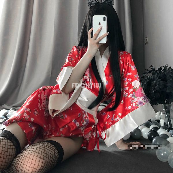 

Japanese Kimono Sexy ingerie Cospay Outfit for Women Traditiona Stye Robe Yukata Costumes Pajamas Soft Sik Bet 3pcs Set, Red;black