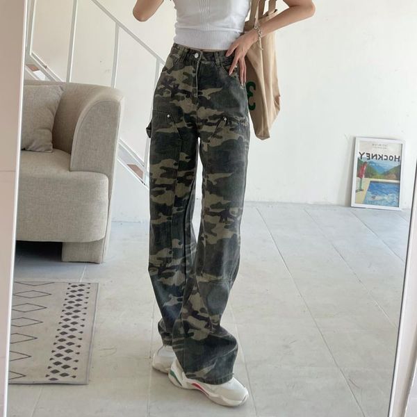 

women's jeans zhisilao camouflage straight women high waist denim pants plus size boyfriend baggy army green wide leg 2021, Blue