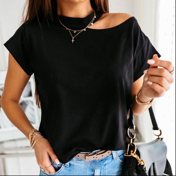 

womens cold shoulder t shirts female short sleeve o neck solid color shirts summer casual fashion clothes, White