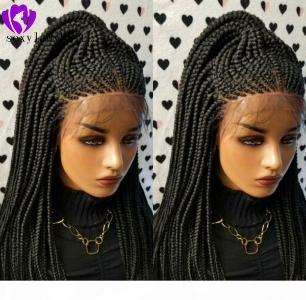 

200density full black lace frontal cornrow wigs high temperature fiber hair synthetic lace front wig long braided box braids wigs for women