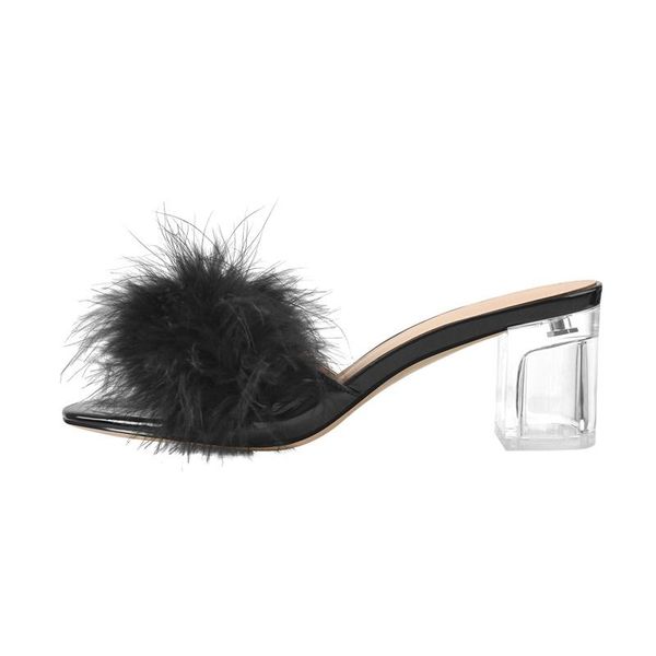 

sandals onlymaker black feather clear chunky block heels women slip-on comfortable shoes dressing party casual big size us5-15