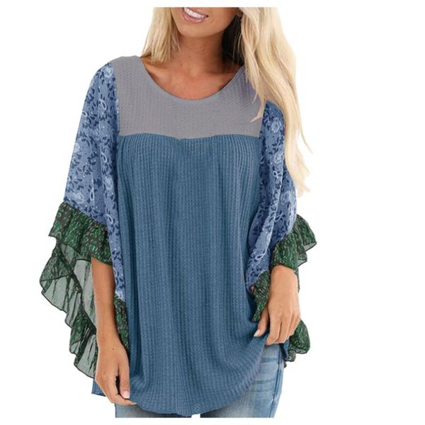 

women's blouses & shirts patchwork printed ruffle blouse women butterfly sleeve v-neck elegant loose pullover streetwear clothing 40#, White