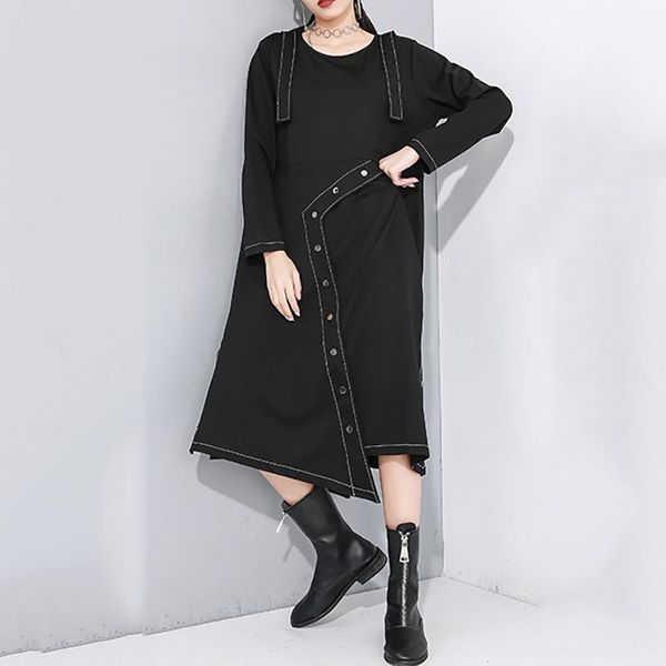 

casual dresses seebeautiful fashion summer 2021 simple rivet stitching round neck long sleeve irregular loose dress women q786, Black;gray