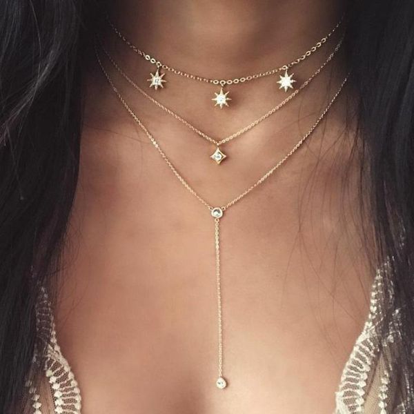 

chains women crystal necklaces & pendants 3 multi layer necklace star tassel charm choker for gold long collier femme, Silver