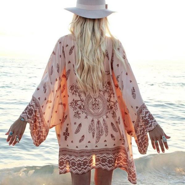 

women's swimwear vintage print bikini beach cover-ups female gossamer kaftan swimsuit 2021 fashion dress women chiffon kimono, White;black