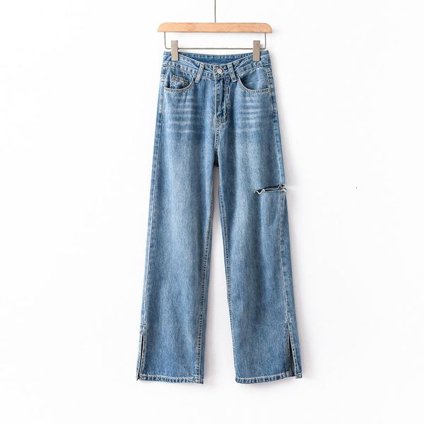 

women's jeans retro loose high-waisted wide-leg spring new style ladies trendy all-match ripped open-end boutique xxto, Blue