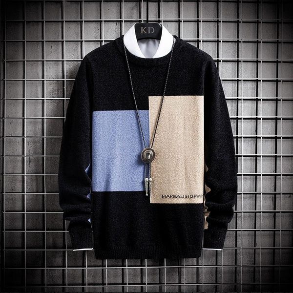

men's sweaters 2021 winter casual knitted sweater men o-neck color blocking long sleeved warm slim fit thick pullover, White;black