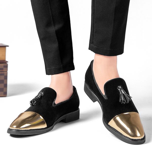 

45.46.47 size pointed leather shoes mens new slip-on lofter increased leather beanie shoes club hairdresser casual leather shoes fashion, Black