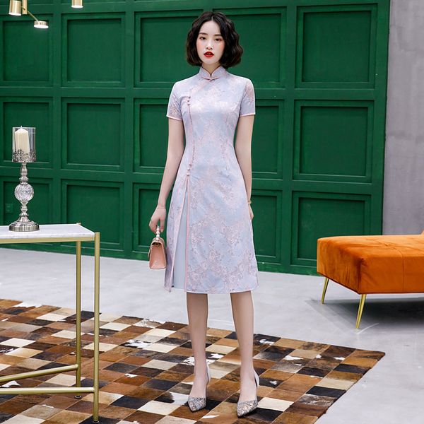 

women elegant chinese handmade button aodai cheongsam chiffon short sleeve orientale banquet qipao, Red