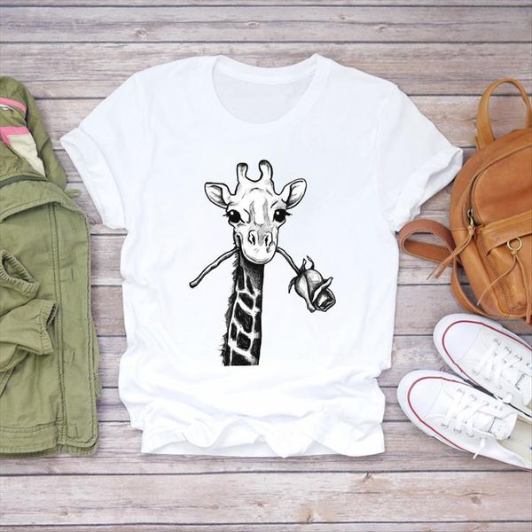 

cartoon giraffe flower valeninte womens fashion 90s print graphic ladies female tee, White