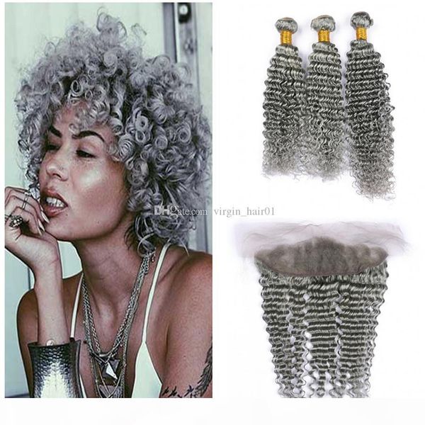 

grey human hair with lace frontal 13*4 ear to ear frontal closure with deep wave curly grey hair 3bunldes malaysian virgin hair, Black;brown