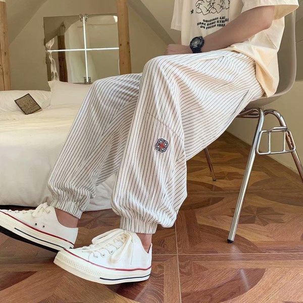 

men's pants striped casual nine point loose tie foot sports chinese style, Black