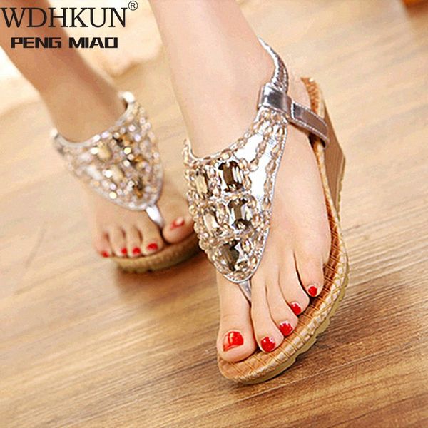 

classic sandals women shoes wedge sandals for women flip flop crystal rhinestone bohemia beach ladies shoe nude wedges bridal shoe a743#, Black