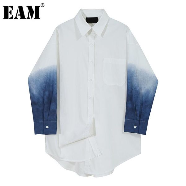 

[eam] women white gradual color big size blouse new lapel long sleeve loose fit shirt fashion tide spring autumn 2021 1z851