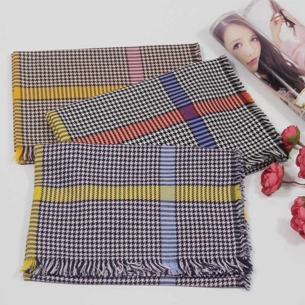

net red warm long shawl autumn and winter fashion thousand bird lattice four side flowing beard scarf, Blue;gray