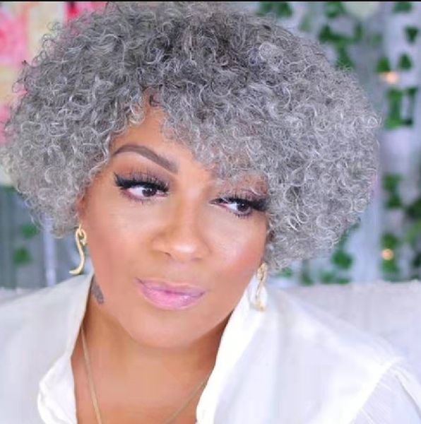 

salt&pepper colored curly 130%density human hair machine wigs mom and grandma glueless wig, Black;brown