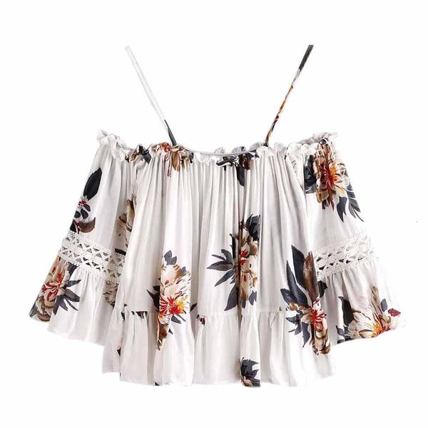 

summer women cold shoulder blouse casual floral printed off shoulder shirt blouse blusas feminina c2935, White