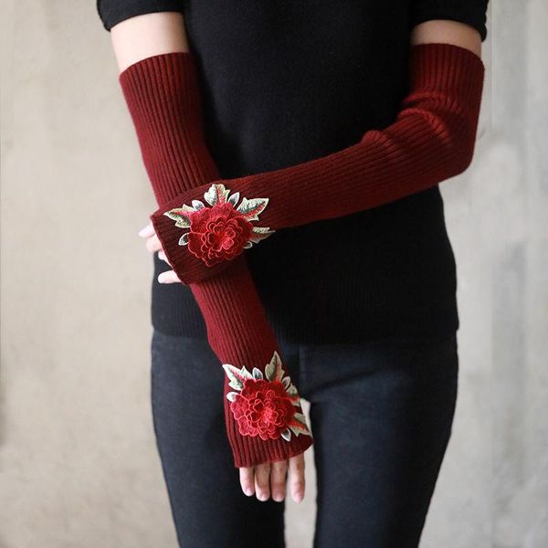 

five fingers gloves wonens embroidery punk womens long winter fingerless, Blue;gray
