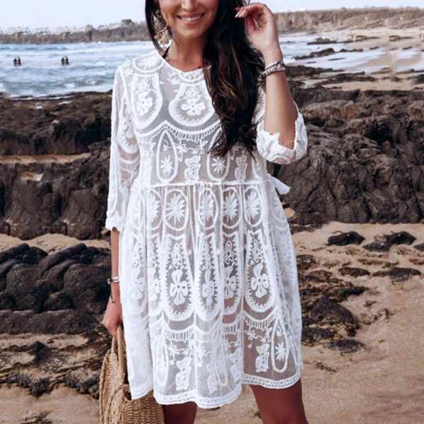 

women's swimwear women bikini cover up white crochet embroidered floral lace boho backless tassels drawstring beach dress, White;black