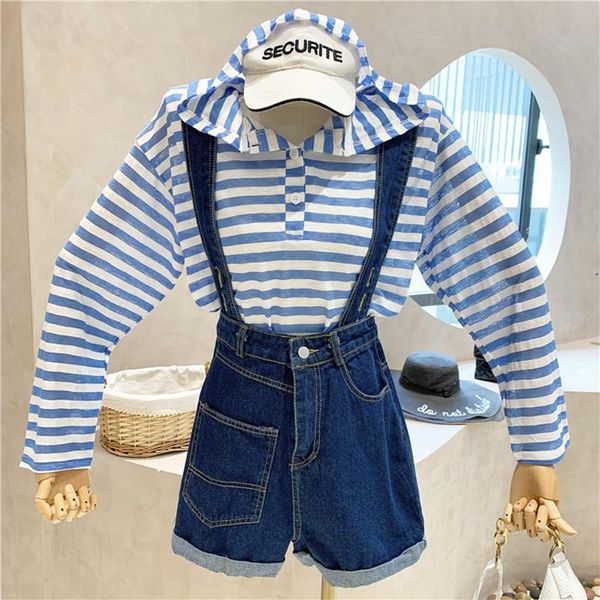 

women's tracksuits clothing summer 2021 striped long sleeve hooded pullover + high waist denim sling shorts pants two piece set, Gray