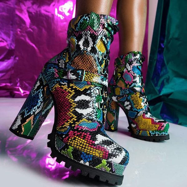 

boots high snake pattern waterproof platform short medium thick heel women's, Black