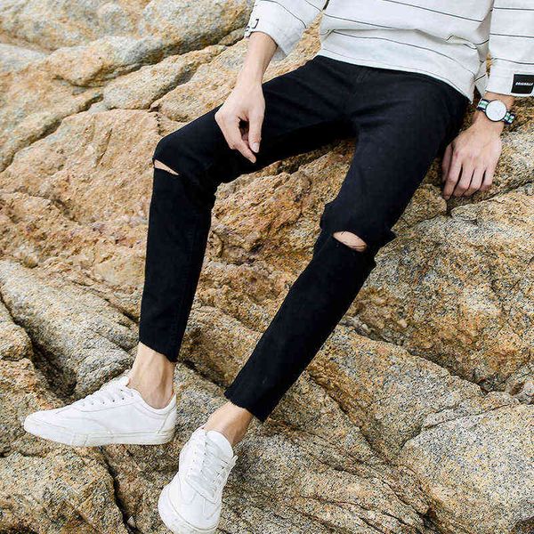 

men's jeans hole black line broken men's jeans small feet, Blue