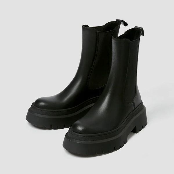 

boots half short women real leather thick bottom ladies winter shoes fashion footwear size 35-39, Black