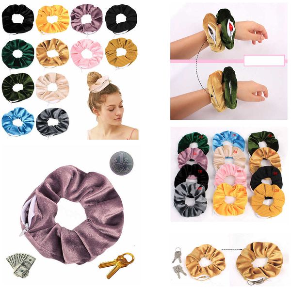 

12styles zipper large intestine hairband velet stripe pocket rope scrunchy ring elastic hairbands sports dance ponytail holder ffa3286-, Slivery;white