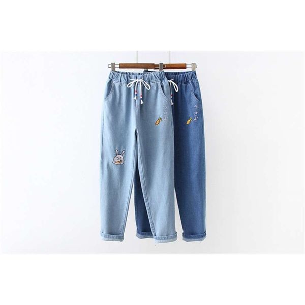 

spring college style knee radish embroidery lace up elastic waist denim pants women, Blue