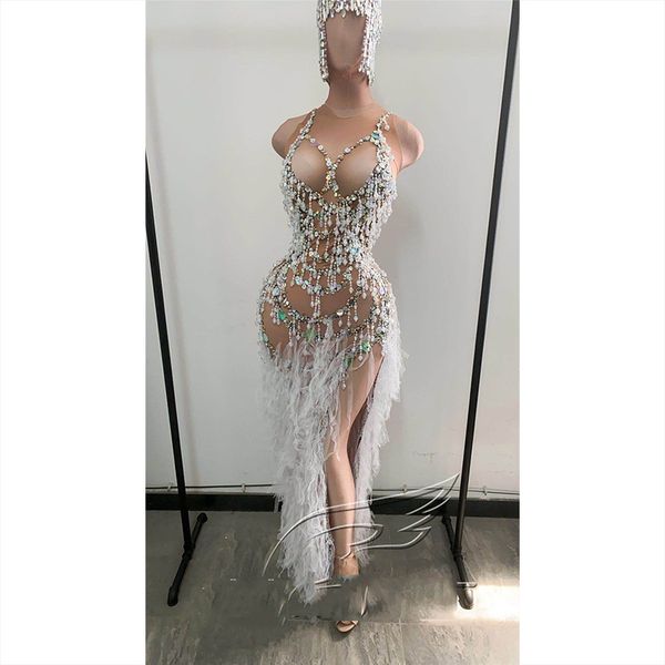 

modern singer costume nude dress pearl fringe white fluffy skirt tassel headdress party dj ds gogo dance rave clothes vdb3333, Black;red