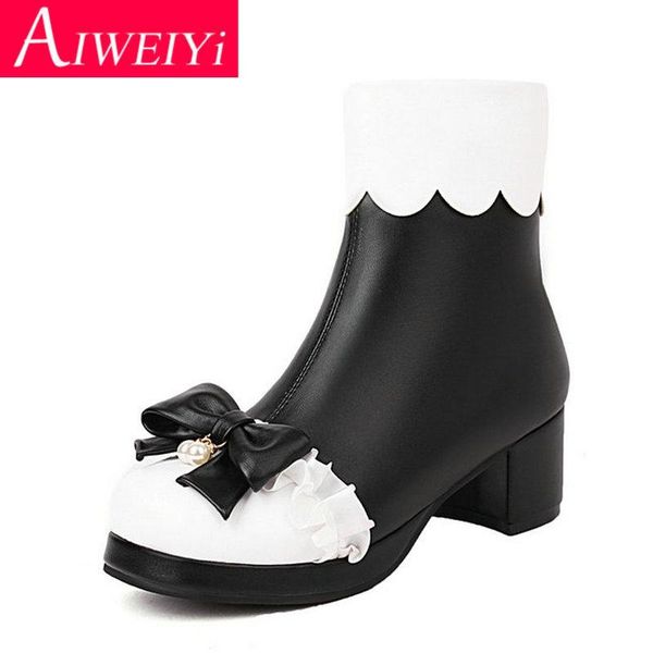 

boots woman ankle black pink round toe sweet bow high heels lolita shoes princess style cosplay gothic botas