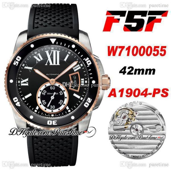 

f5f drive w7100055 1904-ps mc automatic mens watch two tone rose gold black dial white roman markers rubber strap 2021 42mm super edition wa, Slivery;brown