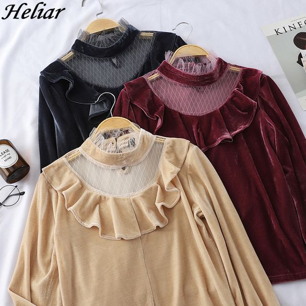 

2021 new spring slim half-high collar chest velour shirt stitching veet ruffle flare sleeve lace blouse wine black l0g4, White