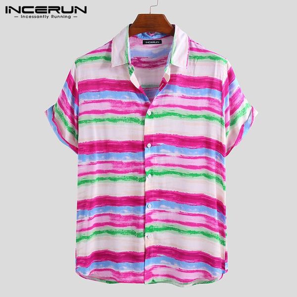 

men's casual shirts incerun striped colorful print men shirt loose vacation turn-down collar short sleeve hawaiian camisas 2021, White;black