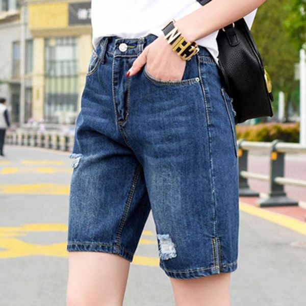 

women's jeans thin elastic waist pants short five-point straight women trousers denim ripped summer 2021, Blue