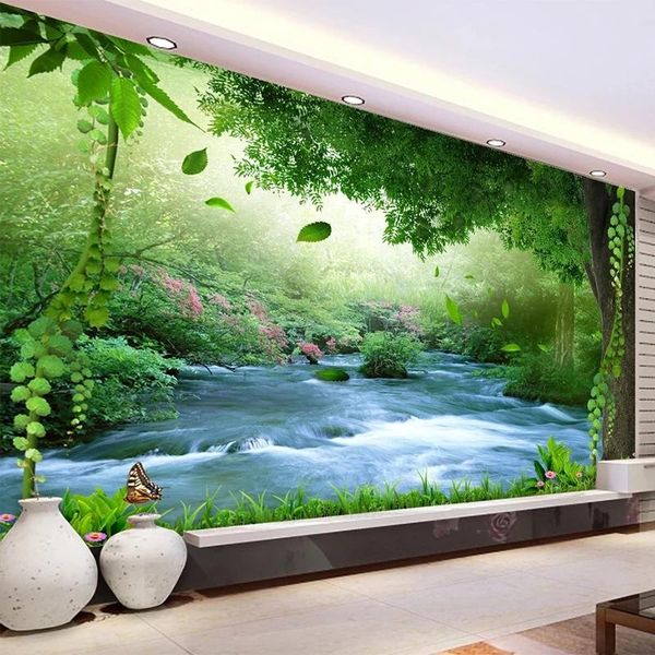 Wallpapers personalizado po papel de parede auto-adesivo 3d cachoeira floresta paisagem pintura de parede sala de estar tv sofa fundo decoração mural