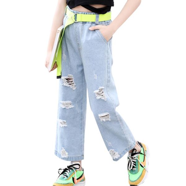 

jeans girls big hole kids girl casual style spring autumn children's clothes belt, Blue