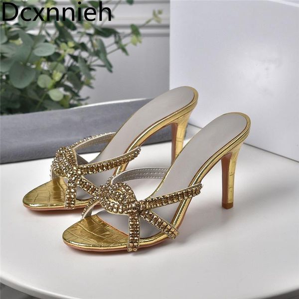 

slippers rhinestone mules high heels women crystal shoes gold flip flops heel sandals women's shiny wedding party, Black