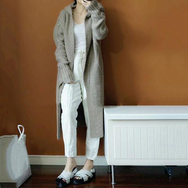 

women's knits & tees 2021 cardigan coat womens hooded sweater long women warm thick knitted female winter, White