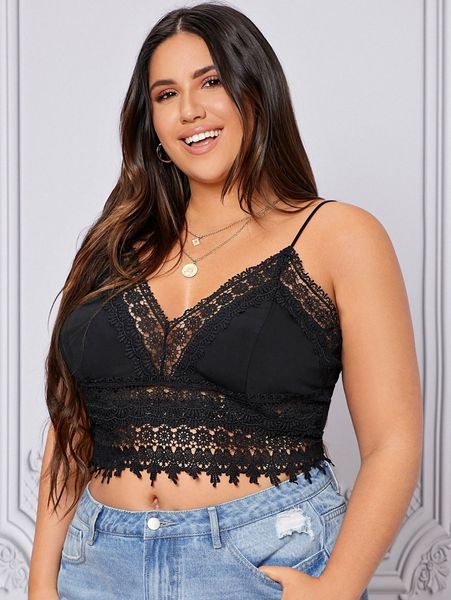 

plus guipure lace insert cami a89e#, Black