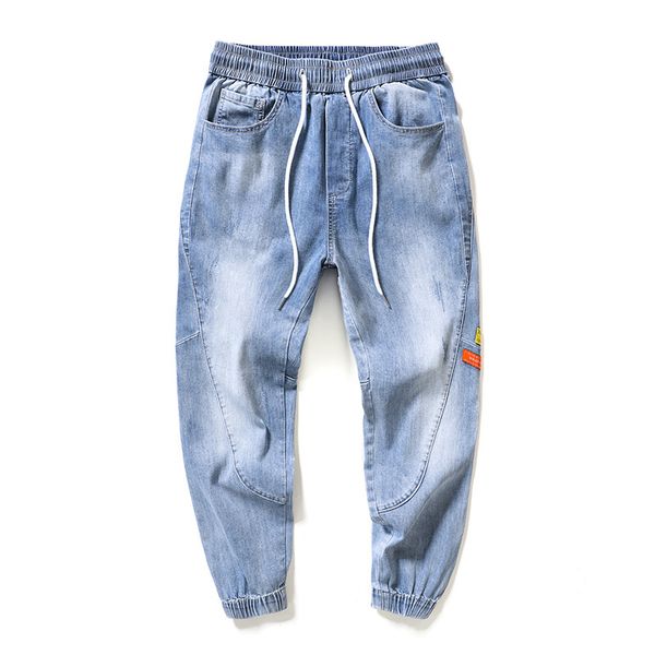 

men uncommon cutting slim fit elastic waist band taille string jogger denim jeans long broek men's trousers, Blue