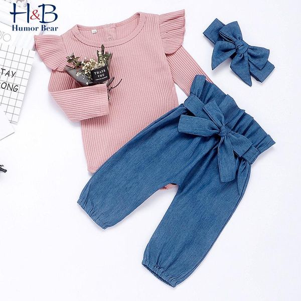 

humor bear baby jumpsuit spring autumn flying sleeves bowknot baby romper 3pcs girls clothes for 0-24m, White