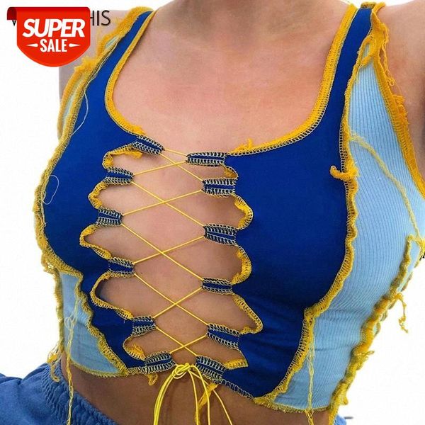 

wannathis front bandage crop women fashion club party wear tank patchwork hollow out street vest summer female new #ih7n, White