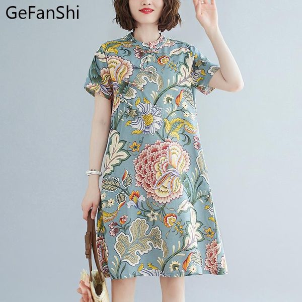 

casual dresses 2021 women summer ethnic printed dress vintage cotton linen plus size slim short sleeve laideis, Black;gray