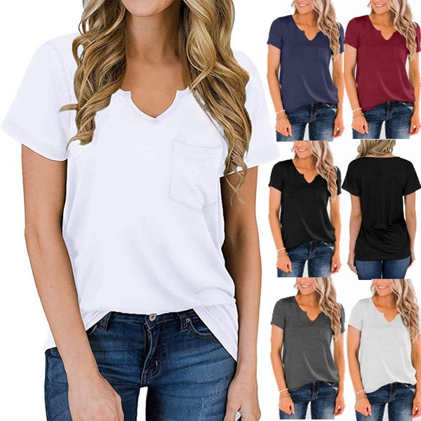 

spring / summer 2021 new v-neck pocket solid color t-shirt pullover short sve top, White